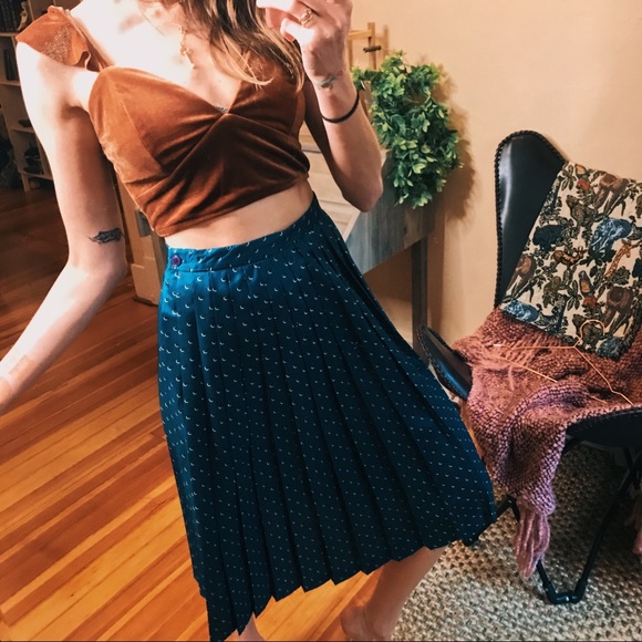 Vintage 100% silk pleated rich teal midi skirt - Picture 8 of 8